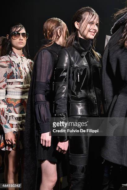 Models are seen backstage ahead of the Just Cavalli show during the Milan Fashion Week Autumn/Winter 2015 on February 26, 2015 in Milan, Italy.
