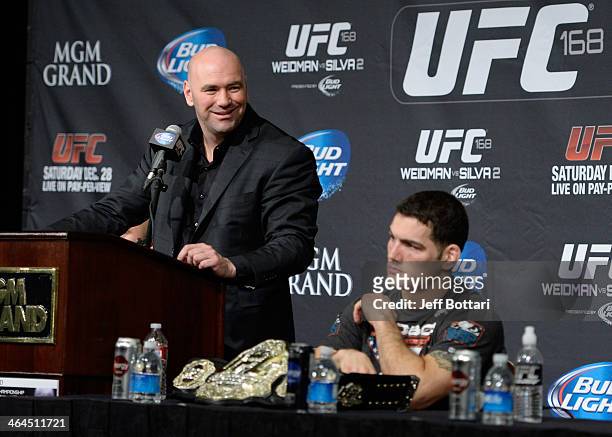 President Dana White and UFC Middleweight Champion Chris Weidman field questions from the media at the UFC 168 post fight press conference at the MGM...