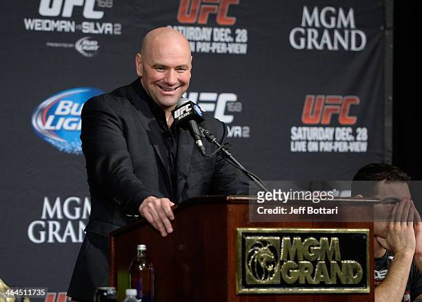President Dana White fields questions from the media at the UFC 168 post fight press conference at the MGM Grand Garden Arena on December 28, 2013 in...