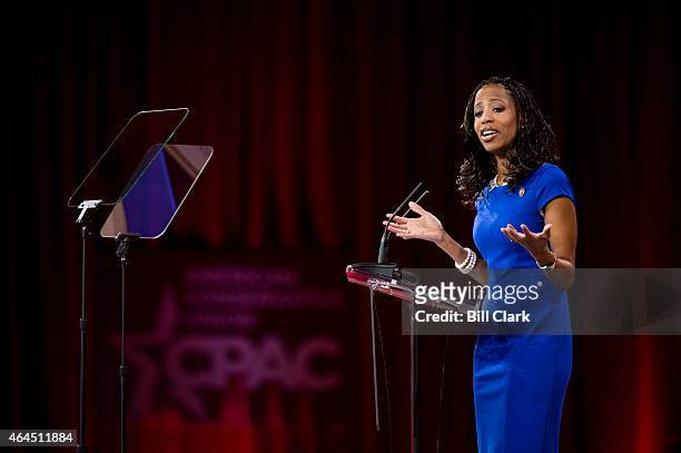 Rep. Mia Love, R-Utah, speaks to the crowd at CPAC in National Harbor, Md., on Feb. 26, 2015.