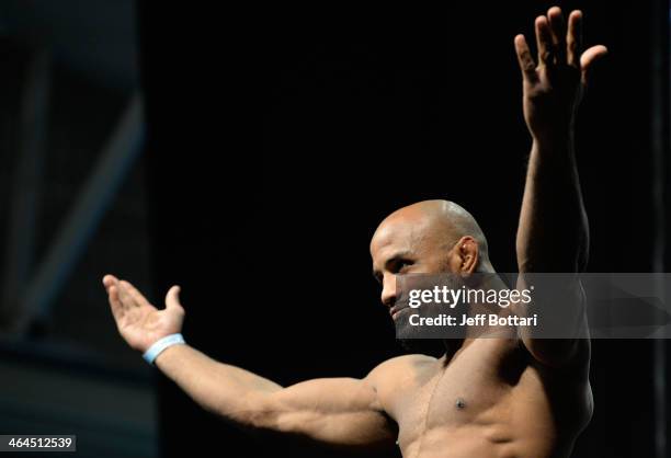 Yoel Romero weighs in during the UFC Fight For the Troops weigh-in at the Fort Campbell Sabre Air Field hanger on November 5, 2013 in Fort Campbell,...