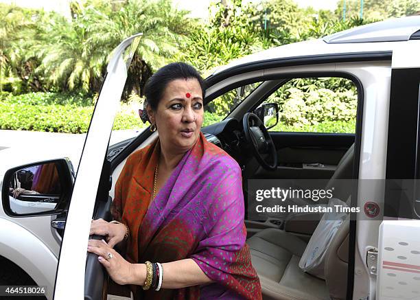 Munmun Sen arrives at Parliament House during the Budget Session on February 26, 2015 in New Delhi, India. Railway Minister Suresh Prabhu presented...