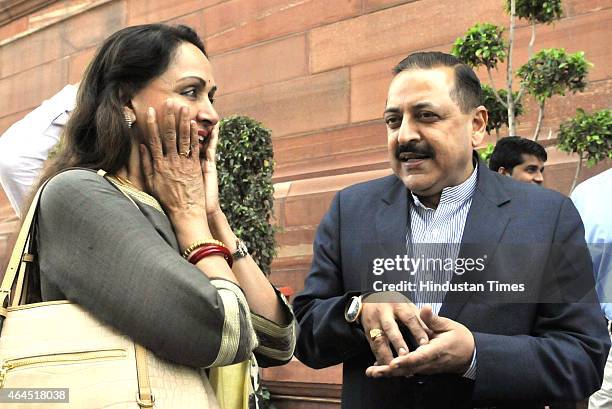 Minister of State PMO Jitendra Singh and BJP MP Hema Malini after the presentation of Railway Budget at Parliament House during the Budget Session on...