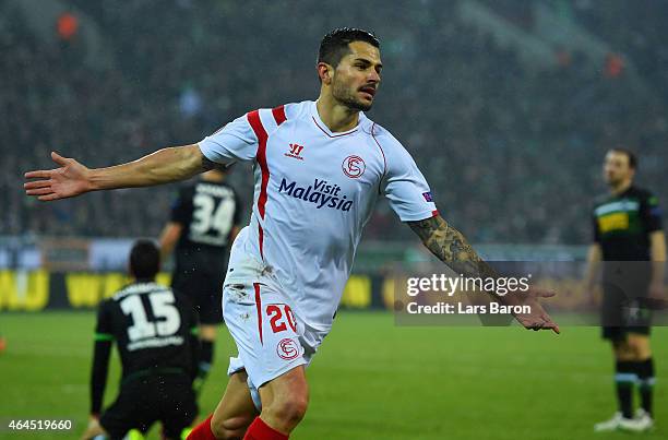 Vitolo of Sevilla celebrates as he scores their second goal during the UEFA Europa League Round of 32 second leg match between Borussia...