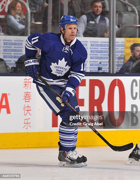 Olli Jokinen of the Toronto Maple Leafs skates during NHL game action against the Winnipeg Jets February 21, 2015 at the Air Canada Centre in...