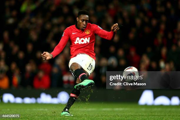 Danny Welbeck of Manchester United misses with his penalty attempt during the Capital One Cup semi final, second leg match between Manchester United...