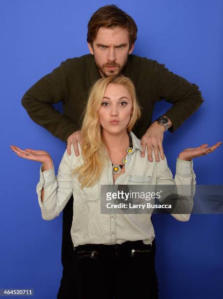 Actors Maika Monroe and Dan Stevens pose for a portrait during the 2014 Sundance Film Festival at the Getty Images Portrait Studio at the Village At...