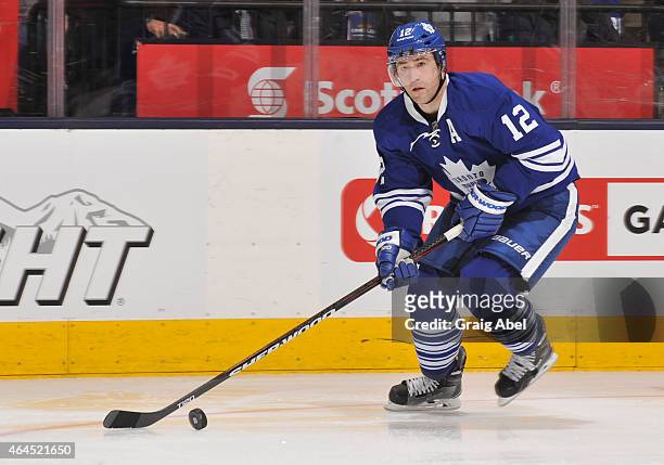 Stephane Robidas of the Toronto Maple Leafs skates during NHL game action against the Winnipeg Jets February 21, 2015 at the Air Canada Centre in...