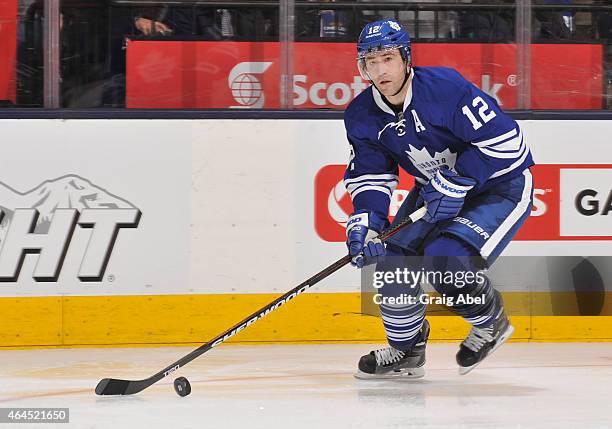 Stephane Robidas of the Toronto Maple Leafs skates during NHL game action against the Winnipeg Jets February 21, 2015 at the Air Canada Centre in...