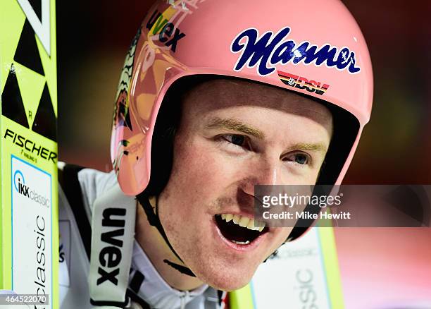 Severin Freund of Germany celebrates winning the gold medal in the Men's HS134 Large Hill Ski Jumping Final during the FIS Nordic World Ski...