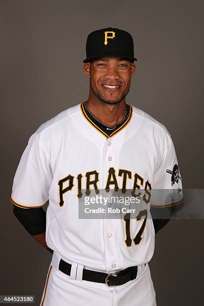 Pedro Florimon of the Pittsburgh Pirates poses for a portrait on photo day on February 26, 2015 at Pirate City in Bradenton, Florida.