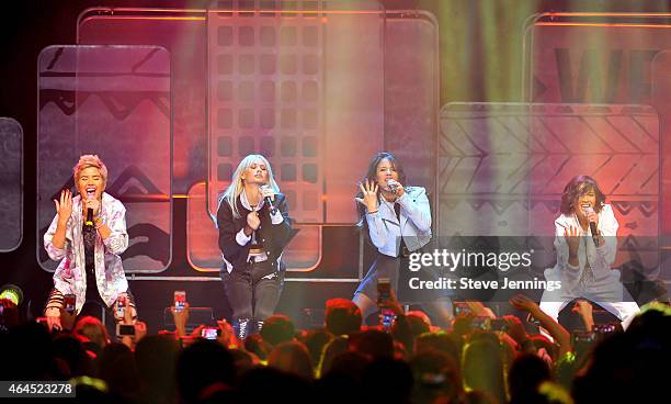 Paula Van Oppen, Lauren Bennett, Natasha Slayton and Emmalyn Estrada of G.R.L. Perform at We Day California at SAP Center on February 25, 2015 in San...