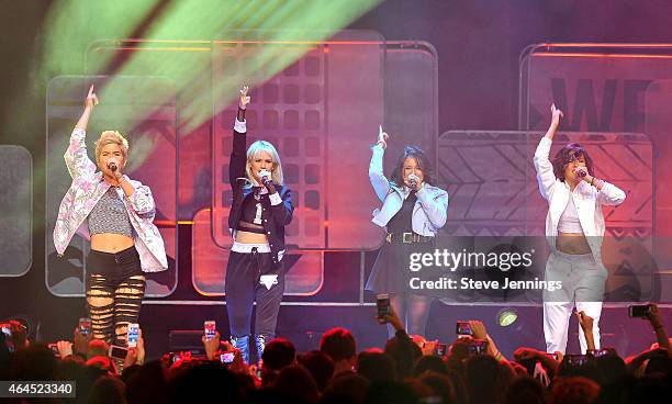 Paula Van Oppen, Lauren Bennett, Natasha Slayton and Emmalyn Estrada of G.R.L. Perform at We Day California at SAP Center on February 25, 2015 in San...