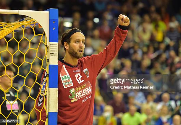 Silvio Heinevetter of Fuechse Berlin gives instructions during the game between Fuechse Berlin and TBV Lemgo on February 26, 2015 in Berlin, Germany.