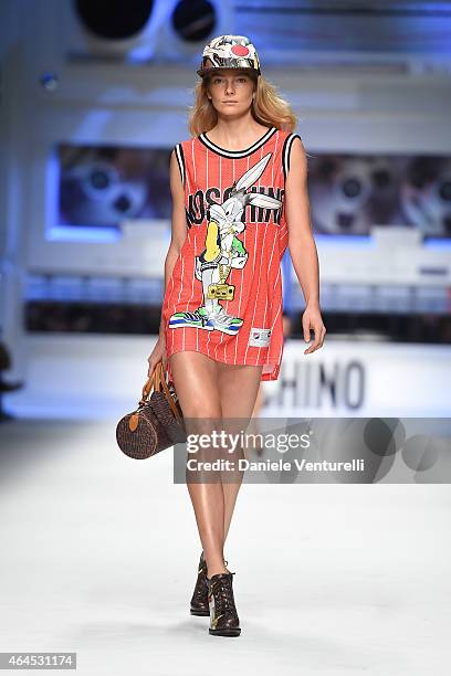 Model walks the runway at the Moschino show during the Milan Fashion Week Autumn/Winter 2015 on February 26, 2015 in Milan, Italy.