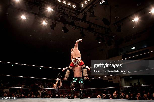 Student wrestlers fight in the ring during the Student Pro-Wrestling Summit on February 26, 2015 in Tokyo, Japan. Members of college pro-wrestling...