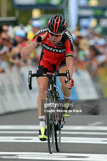 Australian cyclist Cadel Evans of the BMC Racing team celebrates after winning Stage Three of the Tour Down Under on January 23, 2014 in Adelaide,...