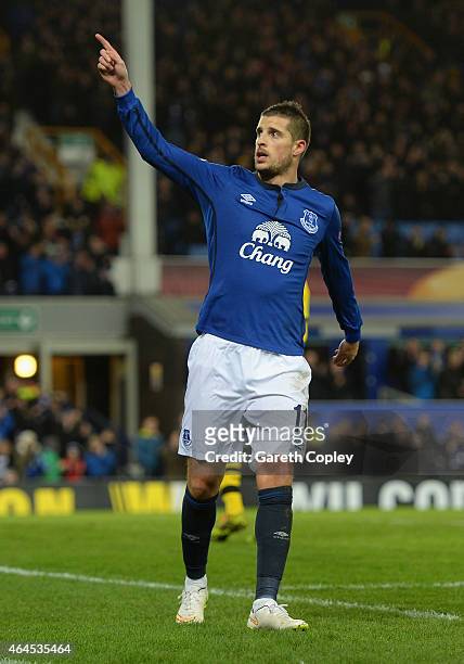 Kevin Mirallas of Everton celebrates scoring their third goal during the UEFA Europa League Round of 32 match between Everton FC and BSC Young Boys...