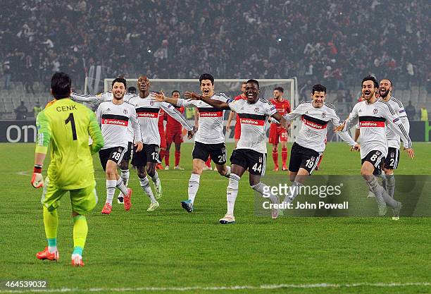 Besiktas JK celebrate after winning the UEFA Europa League Round of 32 match between Besiktas JK and Liverpool FC on February 26, 2015 in Istanbul,...