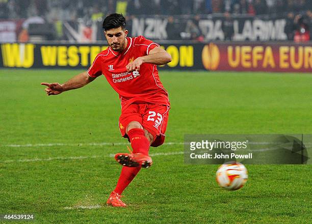 Emre Can of Liverpool scores a penalty during the UEFA Europa League Round of 32 match between Besiktas JK and Liverpool FC on February 26, 2015 in...