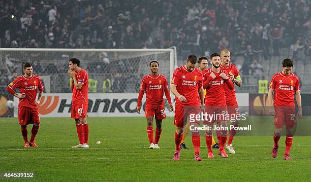 Liverpool dejected after losing on penalties during the UEFA Europa League Round of 32 match between Besiktas JK and Liverpool FC on February 26,...