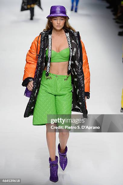Model Gigi Hadid walks the runway at the Moschino show during the Milan Fashion Week Autumn/Winter 2015 on February 26, 2015 in Milan, Italy.
