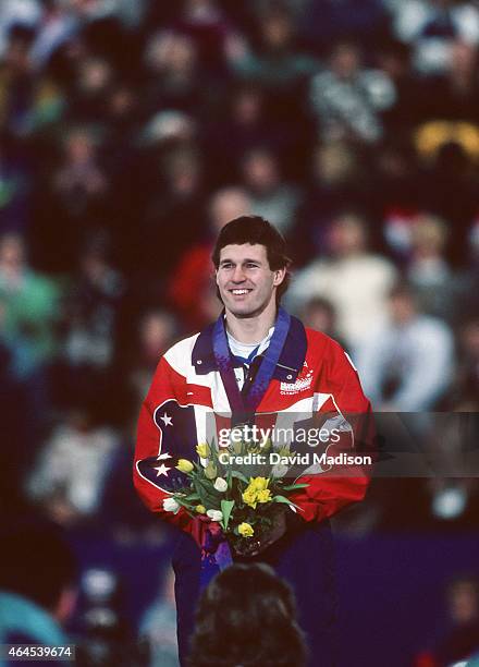 Dan Jansen of the USA participates in the awards ceremony for the Men's 1000 meter event of the Long Track Speed Skating competition of the 1994...