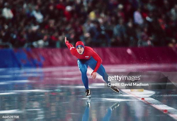 Aleksander Golubev of Russia competes in the Men's 1000 meter event of the Long Track Speed Skating competition of the 1994 Winter Olympics on...