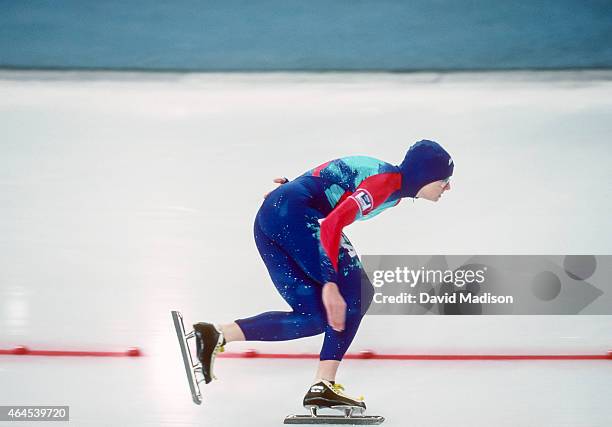 Bonnie Blair of the USA competes in the Women's 1000 meter event of the Long Track Speed Skating competition of the 1994 Winter Olympics on February...