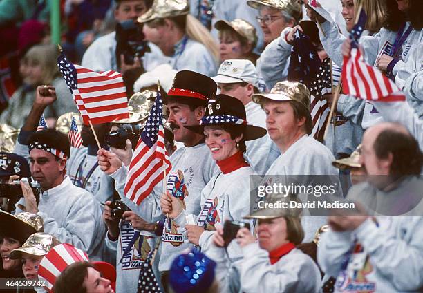 Fans of Bonnie Blair of the USA known as the Blair Bunch watch the Women's 1000 meter event of the Long Track Speed Skating competition of the 1994...