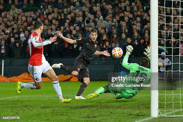 Roma player Adem Ljajic scores a goal during the UEFA Europa League Round of 32 match between Feyenoord and AS Roma at De Kuip on February 26, 2015...