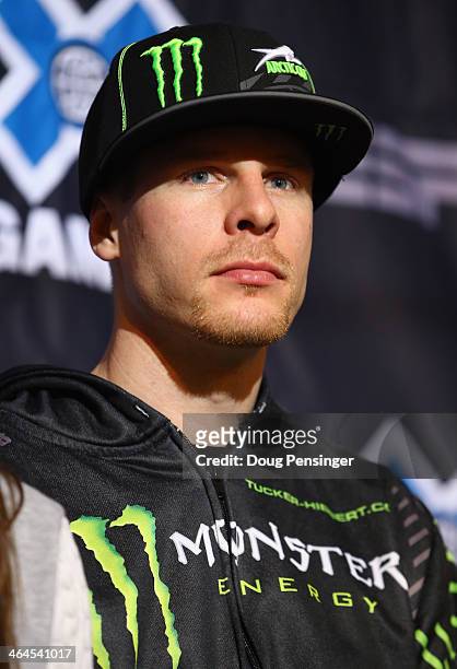 Snowmobile athlete Tucker Hibbert addresses the media during a press conference at Winter X-Games 2014 Aspen at Buttermilk Mountain on January 22,...