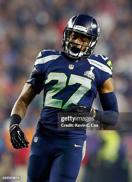 Cornerback Tharold Simon of the Seattle Seahawks looks on against the New England Patriots during Super Bowl XLIX at University of Phoenix Stadium on...