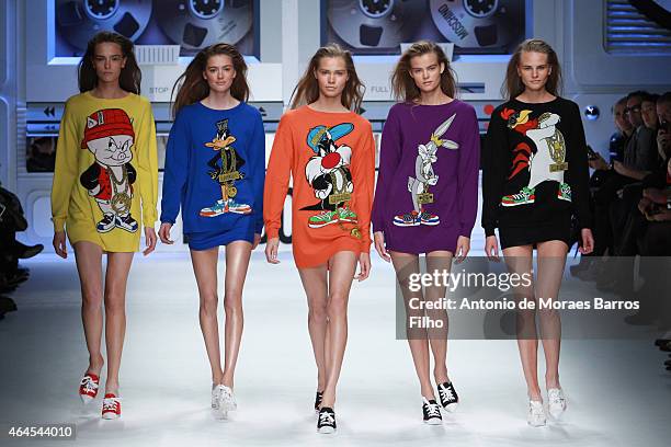 Model walks the runway at the Moschino show during the Milan Fashion Week Autumn/Winter 2015 on February 26, 2015 in Milan, Italy.