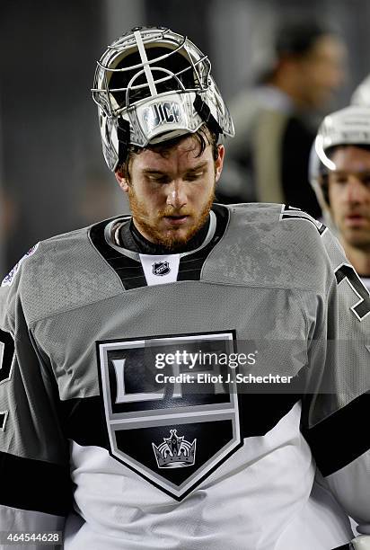 Goaltender Jonathan Quick of the Los Angeles Kings leaves the field after his team defeated the San Jose Sharks 2-1 in the 2015 Coors Light NHL...