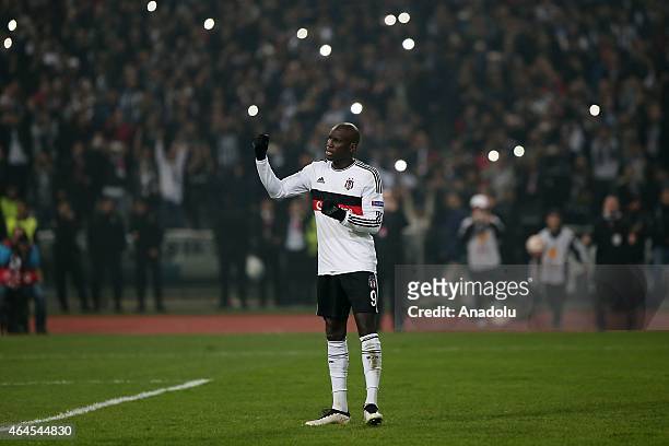 Demba Ba of Besiktas celebrates after scoring a goal by penalties against Liverpool during the UEFA Europa League round of 32 soccer match between...