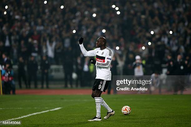 Demba Ba of Besiktas celebrates after scoring a goal by penalties against Liverpool during the UEFA Europa League round of 32 soccer match between...