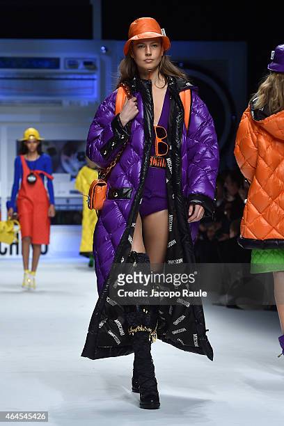Model walks the runway at the Moschino show during the Milan Fashion Week Autumn/Winter 2015 on February 26, 2015 in Milan, Italy.