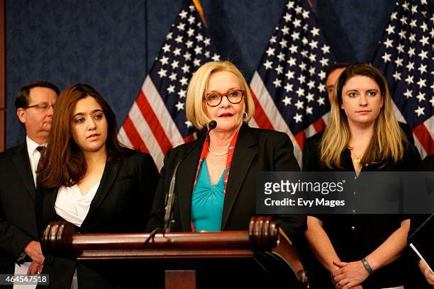 Sen. Claire McCaskill speaks as a group of bipartisan senators hold a news conference to discuss the reintroduction of a strengthened version of the...