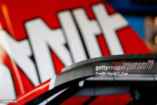 Decal with Regan Smith's name is seen on the Haas Automation Chevrolet during a testing session at Atlanta Motor Speedway on February 26, 2015 in...