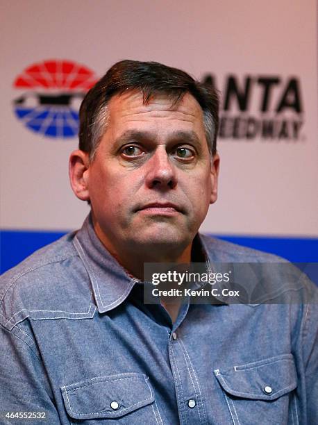 Gene Stefanyshyn, NASCAR Vice President of Innovation and Racing Development, speaks to members of the media after a testing session at Atlanta Motor...