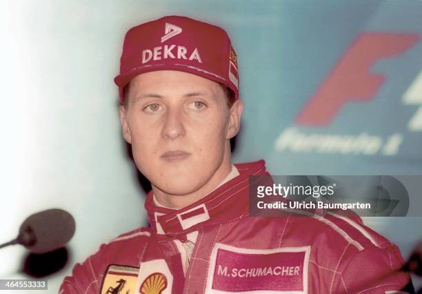 Michael Schumacher in the Ferrari box on the edge of the Formula 1 Grand Prix at the Nuerburgring, on April 28, 1996 in Nuerburgring, Germany.