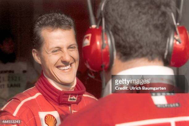 Michael Schumacher in the Ferrari box on the edge of the Formula 1 Grand Prix at the Nuerburgring, on September 26, 1998 in Nuerburgring, Germany.