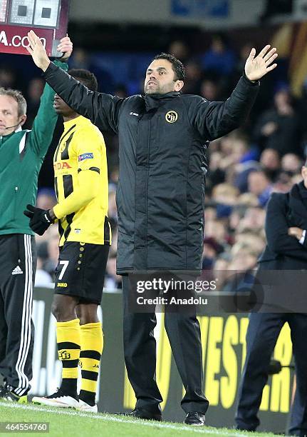 Young Boys' coach Uli Forte gestures during the UEFA Europa League round of 32 soccer match between Everton and Young Boys at Goodison Park stadium...