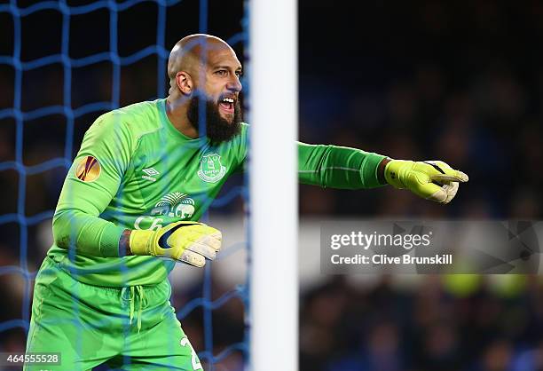 Tim Howard of Everton in action during the UEFA Europa League Round of 32 match between Everton FC and BSC Young Boys at Goodison Park on February...