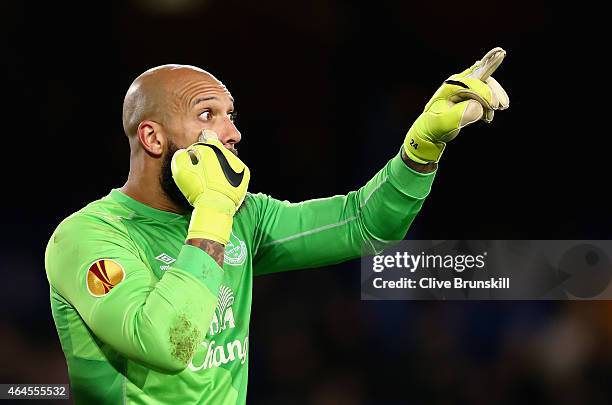 Tim Howard of Everton in action during the UEFA Europa League Round of 32 match between Everton FC and BSC Young Boys at Goodison Park on February...