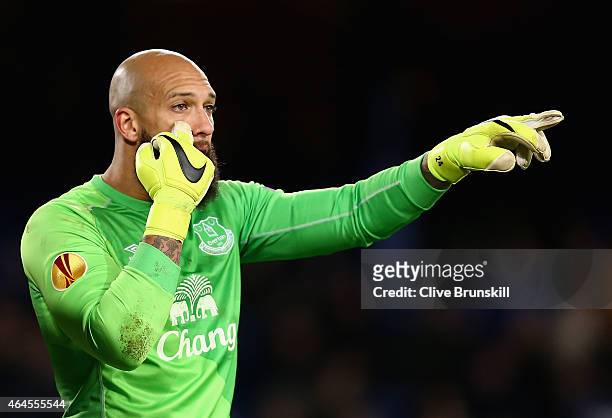 Tim Howard of Everton in action during the UEFA Europa League Round of 32 match between Everton FC and BSC Young Boys at Goodison Park on February...