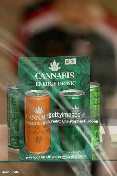 Cannabis energy drinks are seen for sale in the window of a 'Headshop' on February 26, 2015 in Manchester, England. There has been a significant rise...