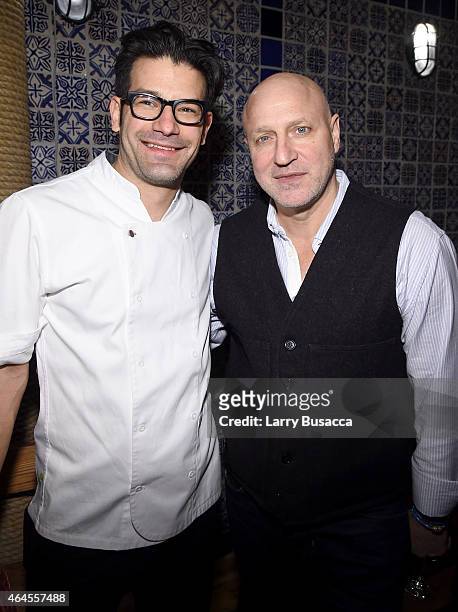 Chef George Mendes and Chef Tom Colicchio attend a celebration of The New SAVEUR at Chef George Mendes' soon-to-be opened Lupulo Restaurant on...