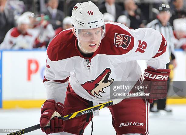 Henrik Samuelsson of the Arizona Coyotes looks on during a face-off against the New York Rangers at Madison Square Garden on February 26, 2015 in New...